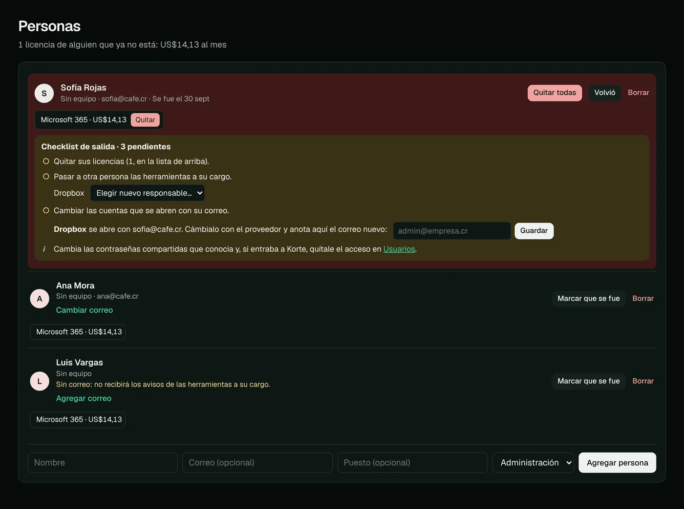 Checklist de salida de Sofía Rojas con tres pasos pendientes.